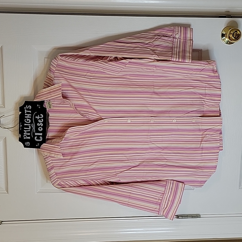 Eddie Bauer XL Dress Shirt Striped Pink Yellow White Button Up Wrinkle R…